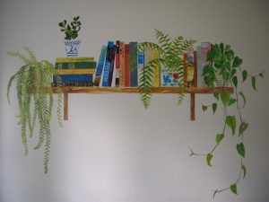 whole bookshelf mural shelfie dangly plants