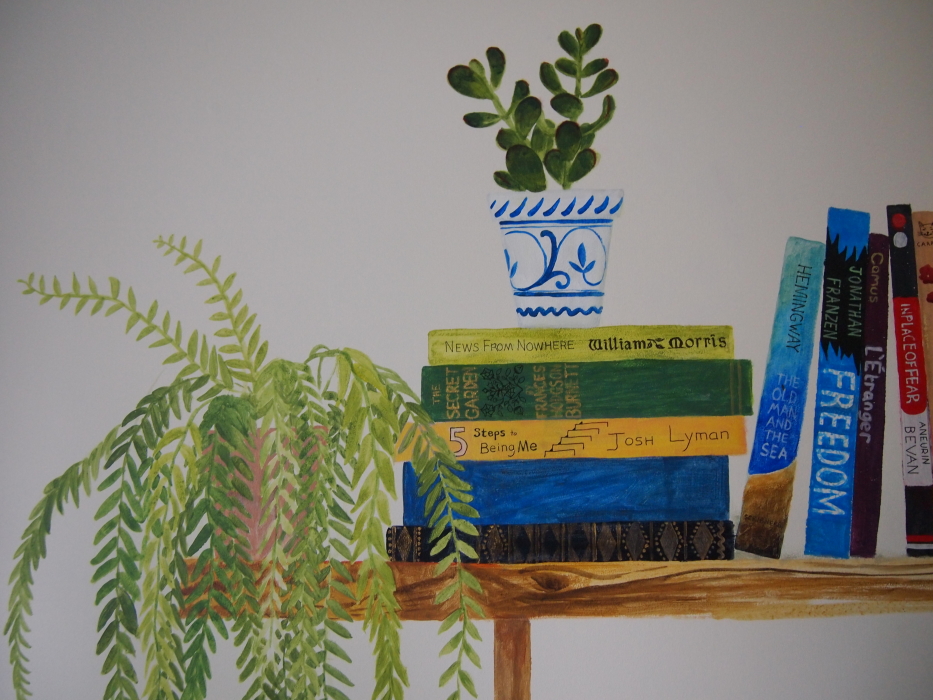 bookshelf mural shelfie dangly plants