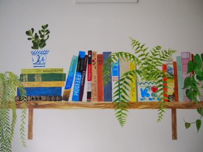 whole bookshelf mural shelfie dangly plants